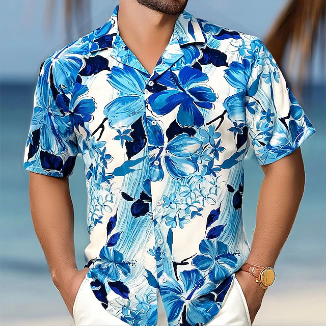 Men's Floral Flowers Summer Hawaiian Shirt Button Up Shirt Aloha Shirt Short Sleeve Hawaiian Resort Vacation Holiday Beach Wear Summer Spring Turndown 3D Print Collared Shirts Blue4