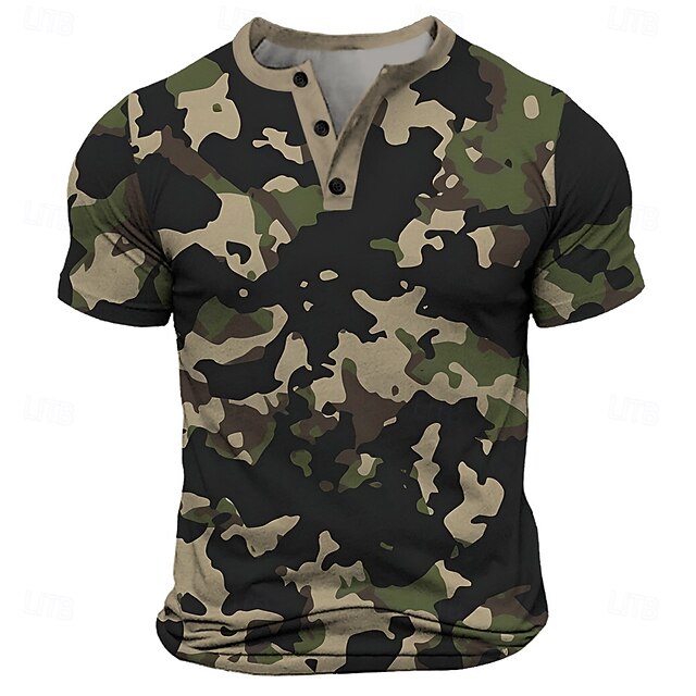 Men's Camouflage T Shirt Henley Shirt Short Sleeve Designer Retro Vintage Street Casual Daily Summer Spring Army Green Henley Henley T-Shirt4