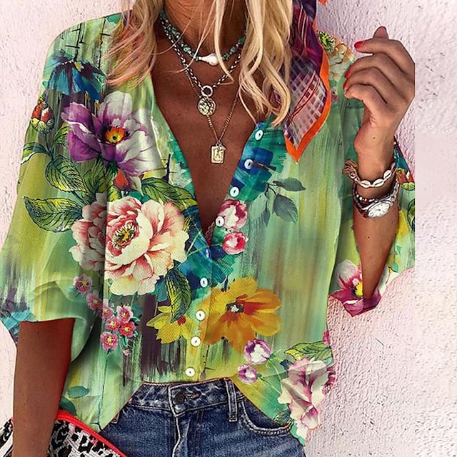  Damenhemd Langarm Button-Down Bluse Alltäglich Basic Floral Knöpfe Druck Reguläre Oberteile V-Ausschnitt Lässig Urlaub Blau Grün Herbst  Winter