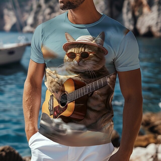 Men's Cat Funny T Shirt Short Sleeve T shirt 3D Print Crew Neck Shirt Exaggerated Designer Party Holiday Lake Blue Summer Spring Clothing Apparel S M L XL XXL XXXL4