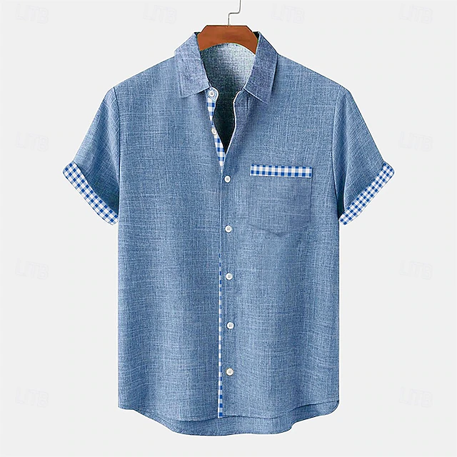 Men's Shirt Linen Shirt Beach Shirt Plaid Home Holiday Blue Green khaki Short Sleeve Turndown Summer Clothing Apparel 10