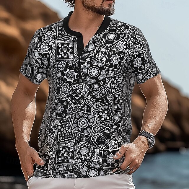 Men's Ethnic Flowers T Shirt Henley Shirt Short Sleeve Designer Retro Vintage Street Casual Daily Summer Spring Black Henley Henley T-Shirt4