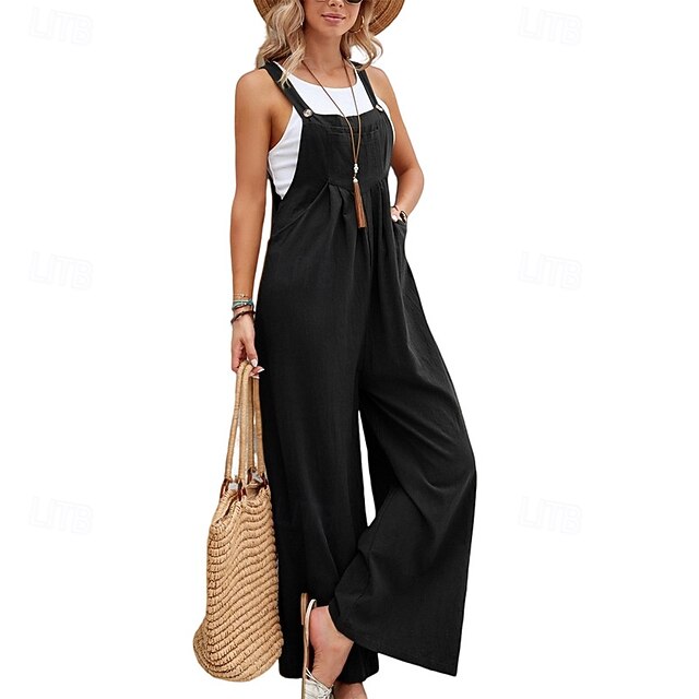 Women's Normal Overall Dungarees Streetwear Solid Color Sleeveless Wide Leg Square Neck Buttons Pocket Street Daily Regular Fit Black Navy Blue Green Summer4