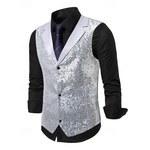 Men's Vest Waistcoat Gilet Performance Vacation Stage Fashion Casual Summer Spring Sequins Buttons Pocket Polyester Comfortable Plain Single Breasted One-button Lapel Regular Fit Silver Black Vest