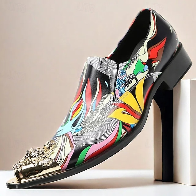  Herre Premium Kuskin Løpere med Gullspiss Livlig Kunstnerisk Print og Metallisk Gull Løvehode Detalj–Moderne Slip-On Sko Spesielle Anledninger og Uttrykksmotet