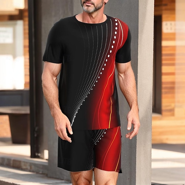  Per uomo Geometrico Linea 2 pezzi Set di magliette Top estivi Manica Corta Pantaloni corti Girocollo Canotta sportiva Casual All'aperto Vacanza Sport Stampa 3D Estate Rosso nero