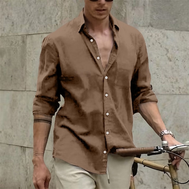  Men's Shirt Linen Shirt Summer Shirt Beach Wear Casual Shirt Button Up Shirt Plain Casual Daily White Brown Light Blue Long Sleeve Lapel Spring & Summer Clothing Apparel
