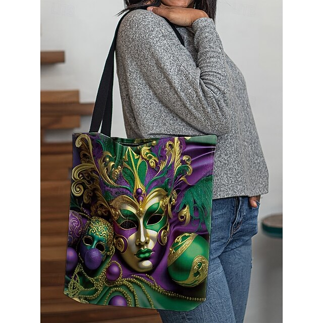  sac fourre-tout de luxe imprimé masque de Mardi Gras – sac à bandoulière vibrant inspiré du festival, sac à main de shopping spacieux et durable, parfait pour le carnaval, les fêtes et l'utilisation quotidienne