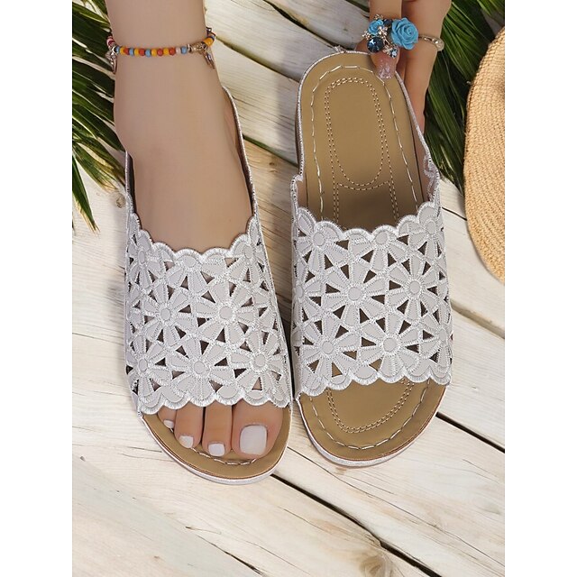  slip-on sandaler med vita blommor i spets – bekväma platta sandaler med bågade kanter för sommar-, strand- och fritidskläder