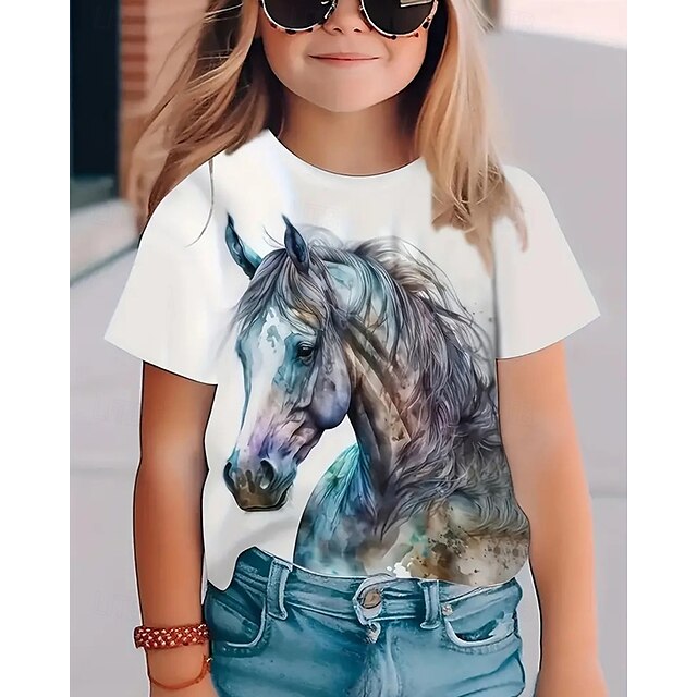  Chica 3D Graphic Caballo Camiseta Manga Corta Verano Primavera Moda Básico Niños 4-12 años Cuello Barco Exterior Casual Diario Ajuste regular