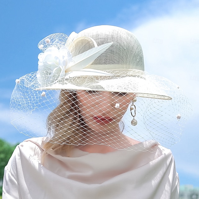  chapéus chapéu de coco de linho / chapéu cloche chapéu de balde chapéu de sol chá de casamento elegante casamento com penas emendando touca chapéu