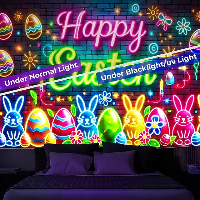  卵 ブラックライト タペストリー 蓄光する 夜光パーティー UV反応性 うさぎトリッピー 霧の自然風景 吊り下げタペストリー 壁アート 壁画 リビングルーム 寝室用