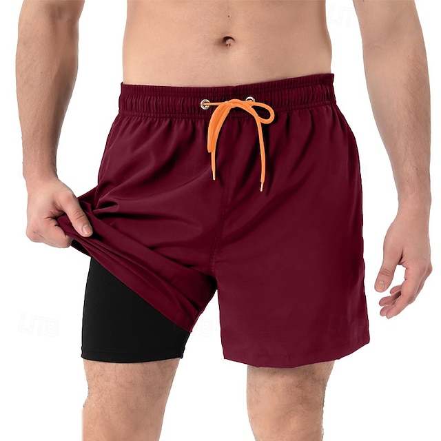  Men's Swim Trunks Swim Shorts Board Shorts Bottoms Drawstring 2 in 1 with Pockets Swimming Surfing Beach Water Sports Solid Colored Summer Spring