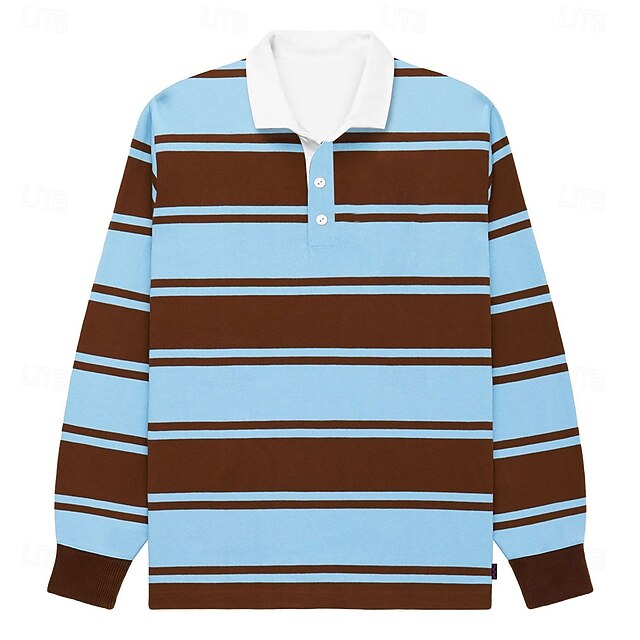 Men's Stripes Rugby Polo Long Sleeve Polo Shirts Collared Shirts Casual School Outdoor Athleisure 3D Print Spring Fall Winter Blue4