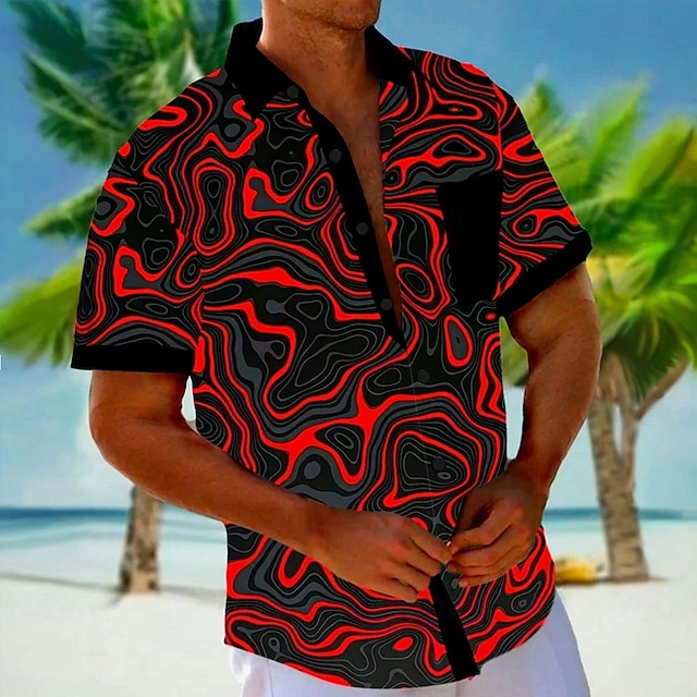  Voor heren Geometrisch Lijnen / golven Overhemd Overhemd met knopen Korte mouw Mode-casual Vakantie Feestdagen Strand Kleding Zomer Herfst Strijkijzer 3D-afdrukken shirts met kraag Voorste zak Rood