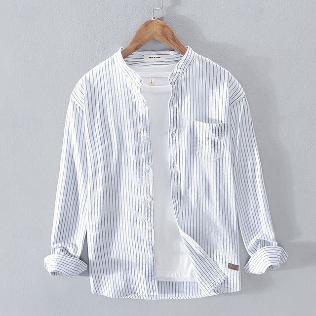  Per uomo Camicia Camicia di lino Camicia casual Camicia con Bottoni Camicia di cotone A righe Vacanza Camicia hawaiana Bianco Vino Blu reale Manica Lunga Colletto alla coreana Primavera Autunno
