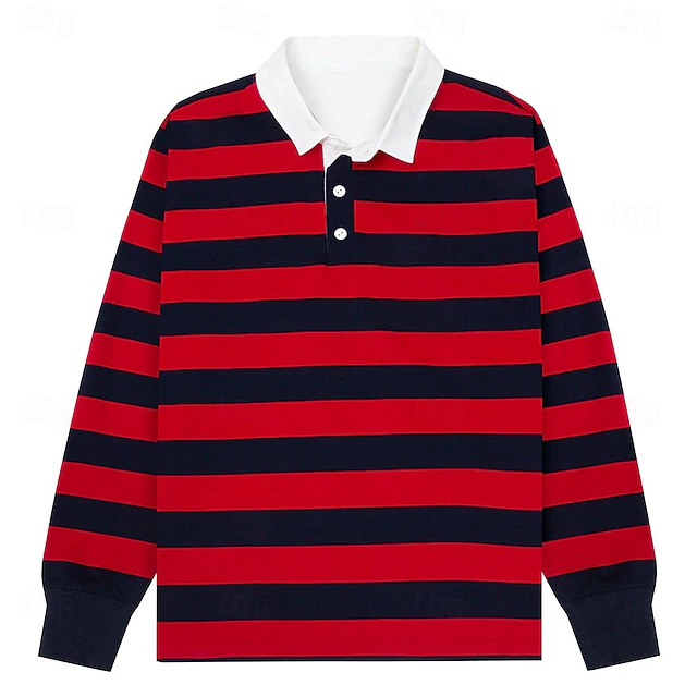 Men's Stripes Rugby Polo Long Sleeve Polo Shirts Collared Shirts Casual School Outdoor Athleisure 3D Print Spring Fall Winter Red4