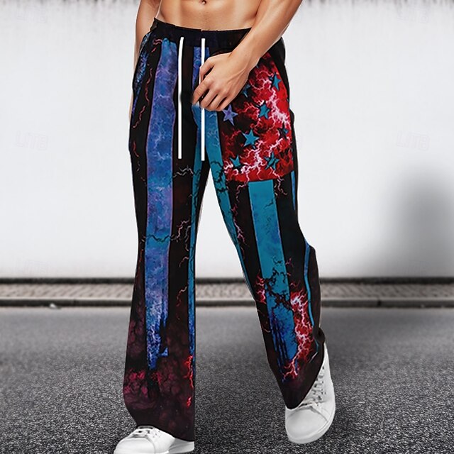 Men's American Flag Patriotic Trousers Baggy Pants Casual Pants Mid Waist Retro Vintage Outdoor Holiday Beach Wide Leg Elastic Drawstring Waist Summer Spring 3D Print Black4