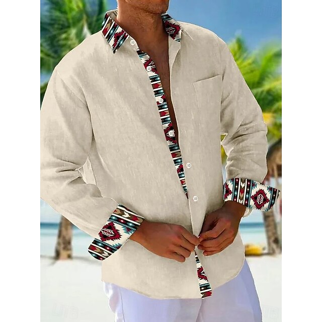  Homens Camisa Social camisa de verão Camisa casual camisa de praia camisa de botão Laranja Caqui Bege Cinzento Manga Longa Tecido Padrão Lapela Férias Havaiana Botão para baixo Roupa Poliéster Moda