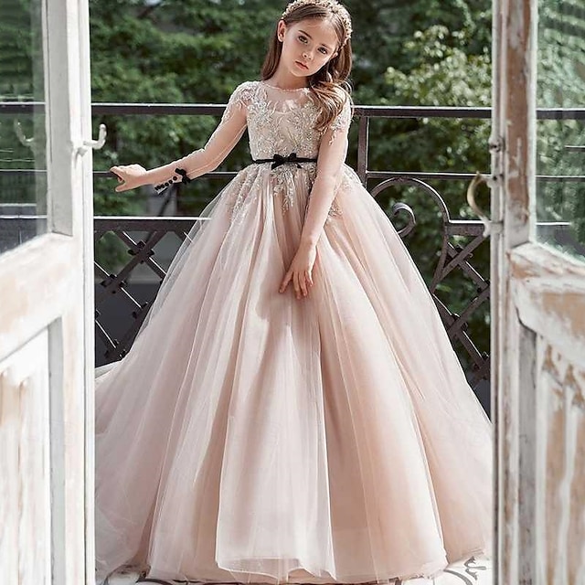  Blomsterpikekjole Barn Jente Prinsesse kjole Ytelse Bryllup Fest Elegant Vakker Netting Helfarge Langermet Crew-hals Rosa 4 år +
