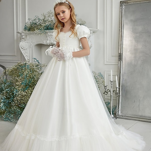  Šaty pro květinovou družičku Dívčí Šaty pro první přijímání Šaty na párty Svatební Párty Princeznovské Sladký Vánoce Karneval Nabírané šaty Pevná barva Bez ramínek Tričkový Bílá 4 roky +