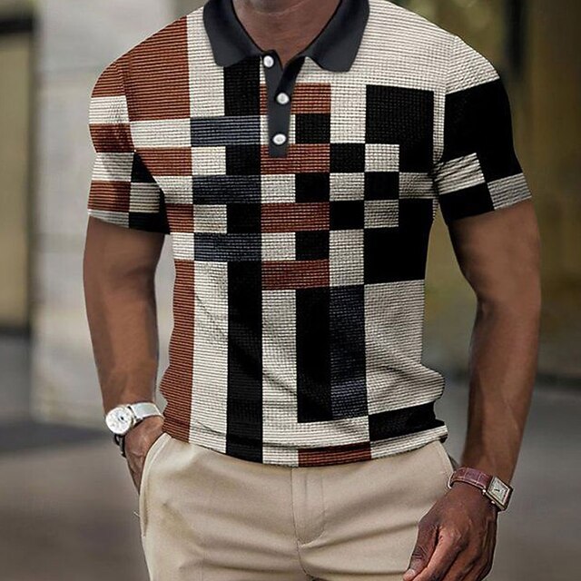 Men's Color Block Waffle Polo Shirts Short Sleeve Polo Shirts Collared Shirts Business Casual Business Athleisure Outdoor clothing Buttons 3D Print Summer Black4