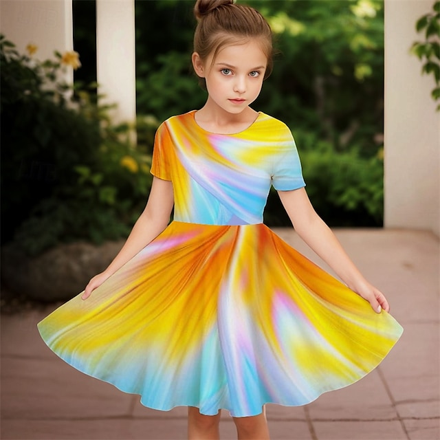  Easter Girls' 3D Graphic Flower Dress Short Sleeve Summer Spring Vacation Daily Holiday Princess Beautiful Sweet Kids 4-12 Years Casual Dress A Line Dress Knee-length Regular Fit