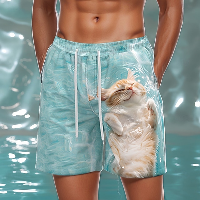  男性用 動物 猫 海洋 スイムショーツ ボードショーツ スイミングトランクス ミディアムウエスト ストリートファッション ハワイアン バケーション 祝日 ビーチウェア サイドポケット メッシュライニング 伸縮性のあるドローストリングウエスト デザイナー 衣類