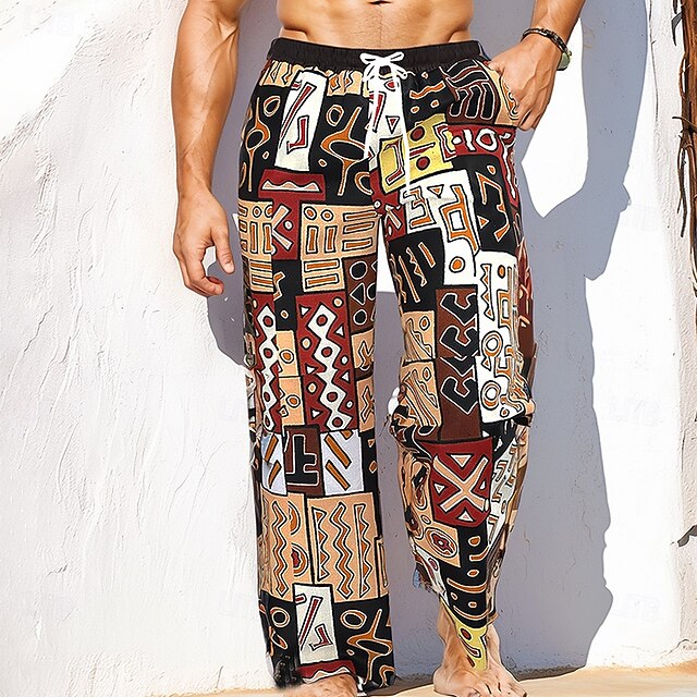 Men's Geometric Patchwork Ethnic Trousers Baggy Pants Casual Pants Mid Waist Vintage Retro Outdoor Vacation Holiday Drawstring Elastic Waist Wide Leg Summer Spring 3D Print Brown4