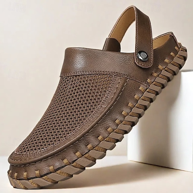  Men's Beige Slip-On Sandals with Mesh Upper, Adjustable Strap, and Comfortable Sole – Ideal for Casual Wear, Outdoor and Summer Activities