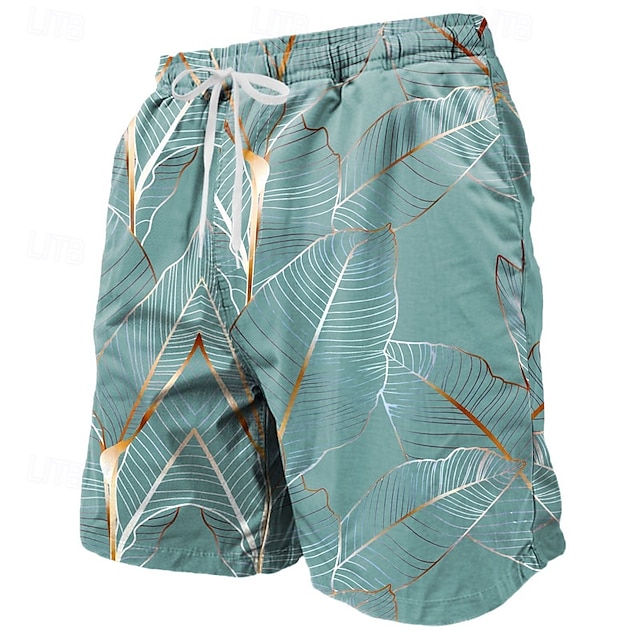  Men's Palm Leaf Tropical Plants Swim Trunks Swim Shorts Board Shorts Mid Waist Tropical Streetwear Hawaiian Vacation Drawstring Mesh Lining Elastic Waist Designer Clothing Apparel