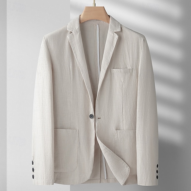  Herr Linne blazer Kavaj Företag Cocktailfest Bröllopsfest Mode Ledigt Vår Höst Ramie Ensfärgat Ficka Knappar Bekväm Enkelknäppt Blazer Svart Vinröd Marinblå Armégrön
