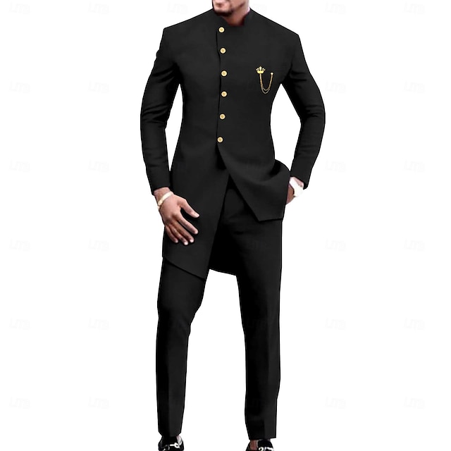  Men's Africa Festival Party Suits Black Blue Solid Colored Standard Fit 2 Piece Single Breasted More-button