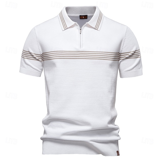  Men's Polo Knit Polo Sweater Formal Work Turndown Quarter Zip Short Sleeve Striped Zip Up Stripe-Trim Spring Black White Khaki Polo