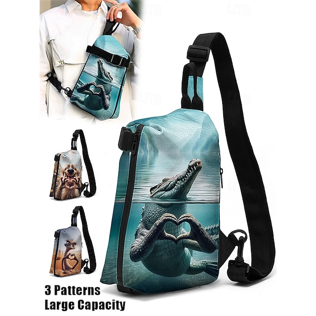  Bolso bandolera con estampado de cocodrilo exclusivo para hombre: diseño moderno con temática acuática, correa de hombro ajustable, liviano y duradero, perfecto para aventuras al aire libre y salidas informales.
