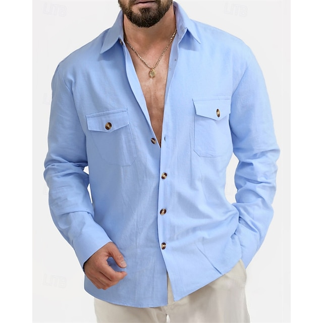  Men's Shirt Linen Shirt Casual Shirt Button Up Shirt Cotton Shirt Plain Vacation Hawaiian Black White Pink Beige Long Sleeve Lapel Summer Spring Clothing Apparel Front Pocket