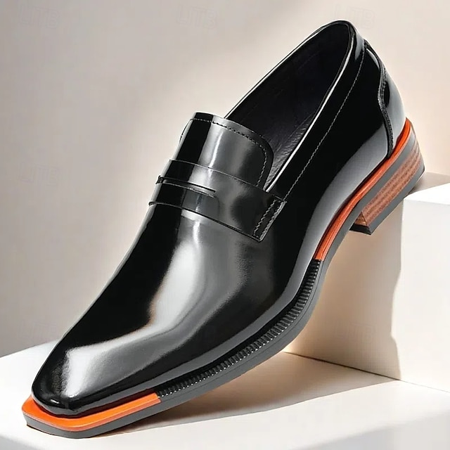  slip-on loafers i sort okskind til mænd med kontrast orange accent, formel stil til forretning og særlige begivenheder