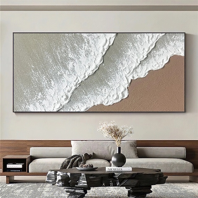  peinture à l'huile sur toile faite à la main représentant des vagues de l'océan, peinture abstraite de plage peinte à la main, art mural blanc, peinture texturée 3D marron, peinture de plage marron,