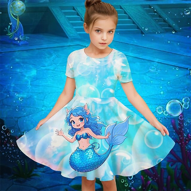 Girls' 3D Graphic Mermaid Dress Short Sleeve Summer Spring Vacation Daily Holiday Princess Beautiful Sweet Kids 4-12 Years Casual Dress A Line Dress Knee-length Regular Fit3