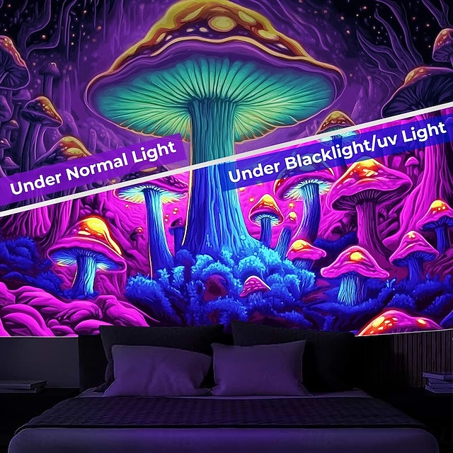  Tapiz con luz negra que brilla en la oscuridad fiesta luminosa reactivas a UV setas borrosas naturaleza paisajes colgante tapiz arte mural para sala de estar dormitorio