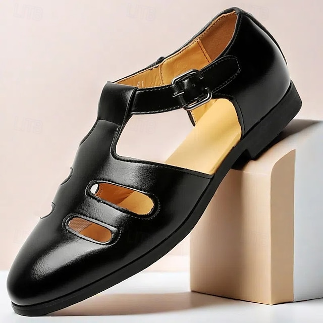 Schwarze Fischersandalen aus Kunstleder für Herren mit Schnallenriemen und Aussparungsdesign, stilvoll und bequem für die Freizeit, den Outdoor- und Sommergebrauch