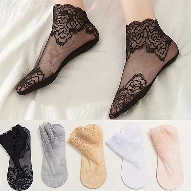  Damen Mode Spitze Socken einfarbig leicht weich  elastisch bequem  atmungsaktiv vielseitig