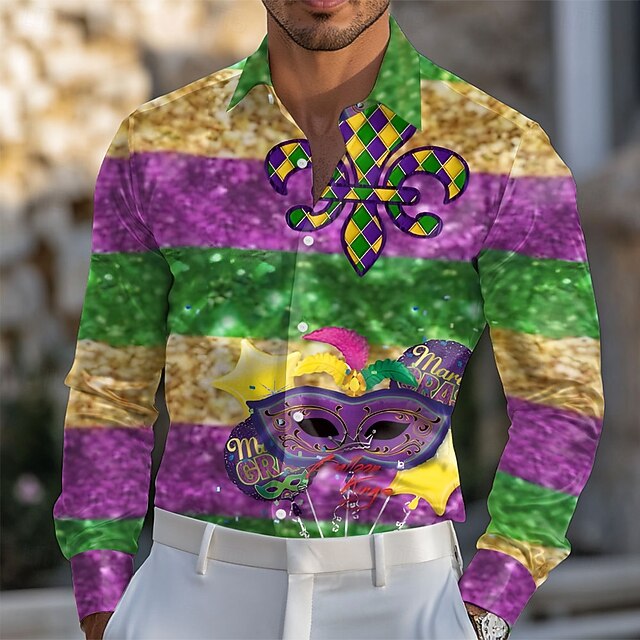 Mardi Gras Men's Mask Dazzle color Carnival Satin Shirt Dress Shirt Button Up Shirt Long Sleeve Fashion Casual Gift Holiday Festival Summer Spring Turndown Collared Shirts 3D Print Purple4