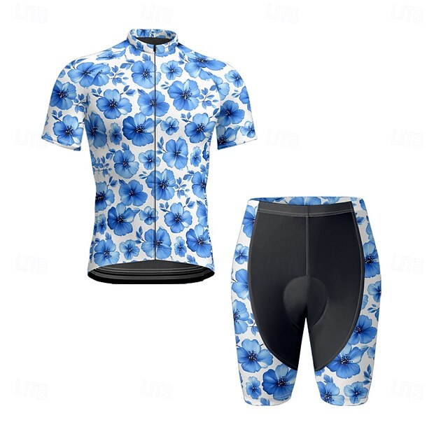  Herren Radtrikot mit Radhose fahrradbekleidung Kurzarm MTB Mountain Rennrad Königsblau Blau Dunkelblau Blumen Pflanzen Fahhrad Spandex Sport Blumen Pflanzen Bekleidung