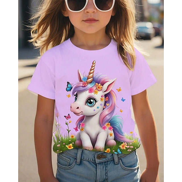  Voor meisjes 3D Grafisch Eenhoorn T-shirt Korte mouw Zomer Lente Modieus Basic Kinderen 4-12 jaar Strakke ronde hals Buiten Casual Dagelijks Normale pasvorm