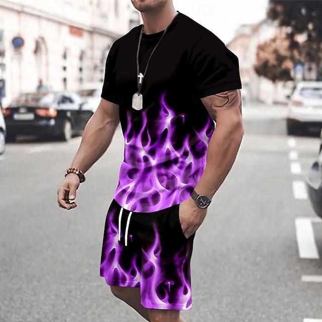  Bărbați Geometică 2 buc Seturi de tricouri Topuri de vară Manșon scurt Pantaloni scurti Stil Nautic Sport Casual În aer liber Vacanță sportiv Imprimare 3D Vară Violet Albastru ou de Măcăleandru Verde