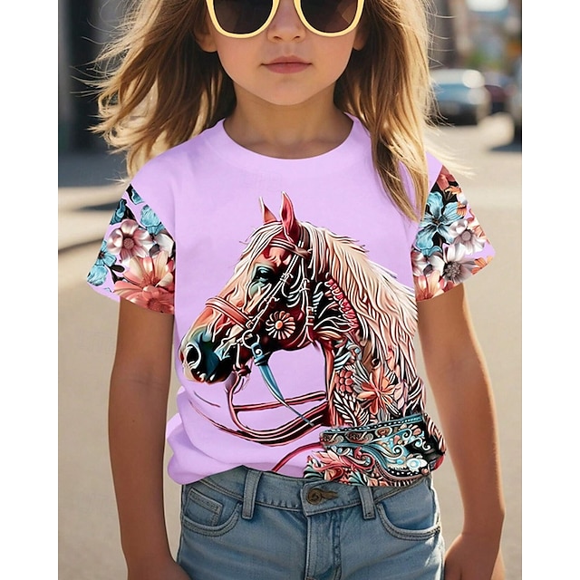  Mädchen 3D Graphic Pferd T-Shirt Kurzarm Sommer Frühling Modisch Basic kinderkleidung 4-12 Jahre Rundhalsausschnitt Outdoor Casual Täglich Regular Fit