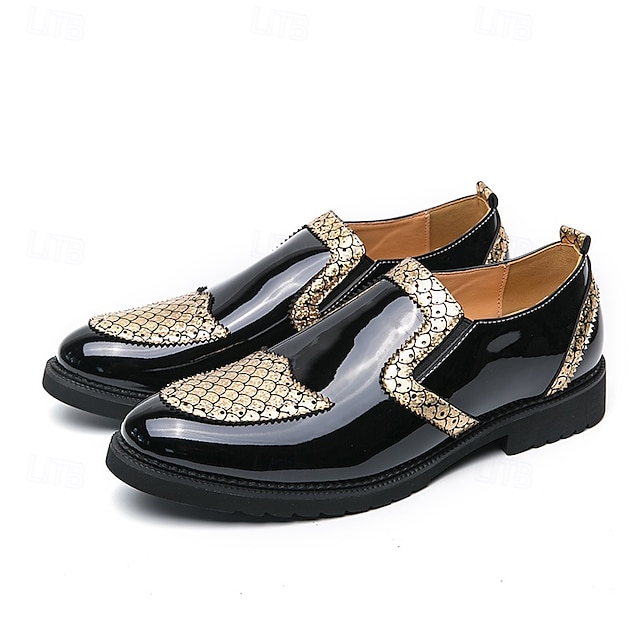  pantofi de rochie pentru bărbați din piele lăcuită – mocasini negri cu detalii texturate aurii, încălțăminte formală elegantă pentru petreceri, nunți și evenimente speciale