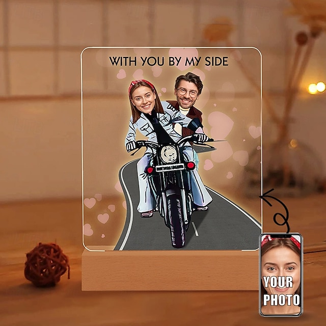  1pc Personalized Acrylic Night Light – Light Up Your Photo Frame Customized Couple Riding Motorcycle Design with Big Head Photos Perfect for Unique Gift for Lovers Couples