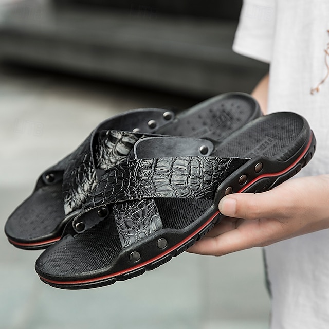  Schwarze Herrensandalen mit Kreuzriemen, Krokoprägung und bequemer Gummisohle – lässiges Outdoor-Schuhwerk für Sommer, Strand und Alltag